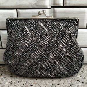 Vintage Handmade Grey Beaded Diamond Pattern Evening Bag